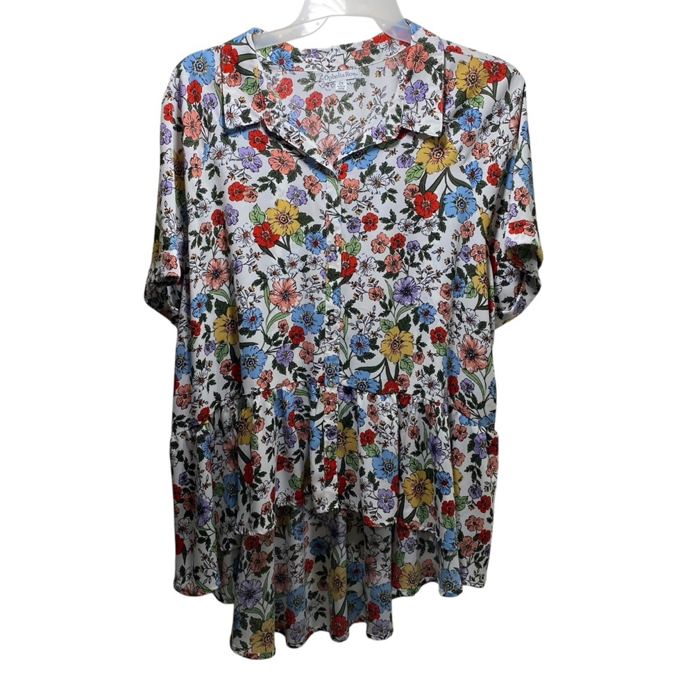 Chiffon Lagenlook Floral Shabby‎ Boho Festival Tunic Top Womens 2X Short Sleeve